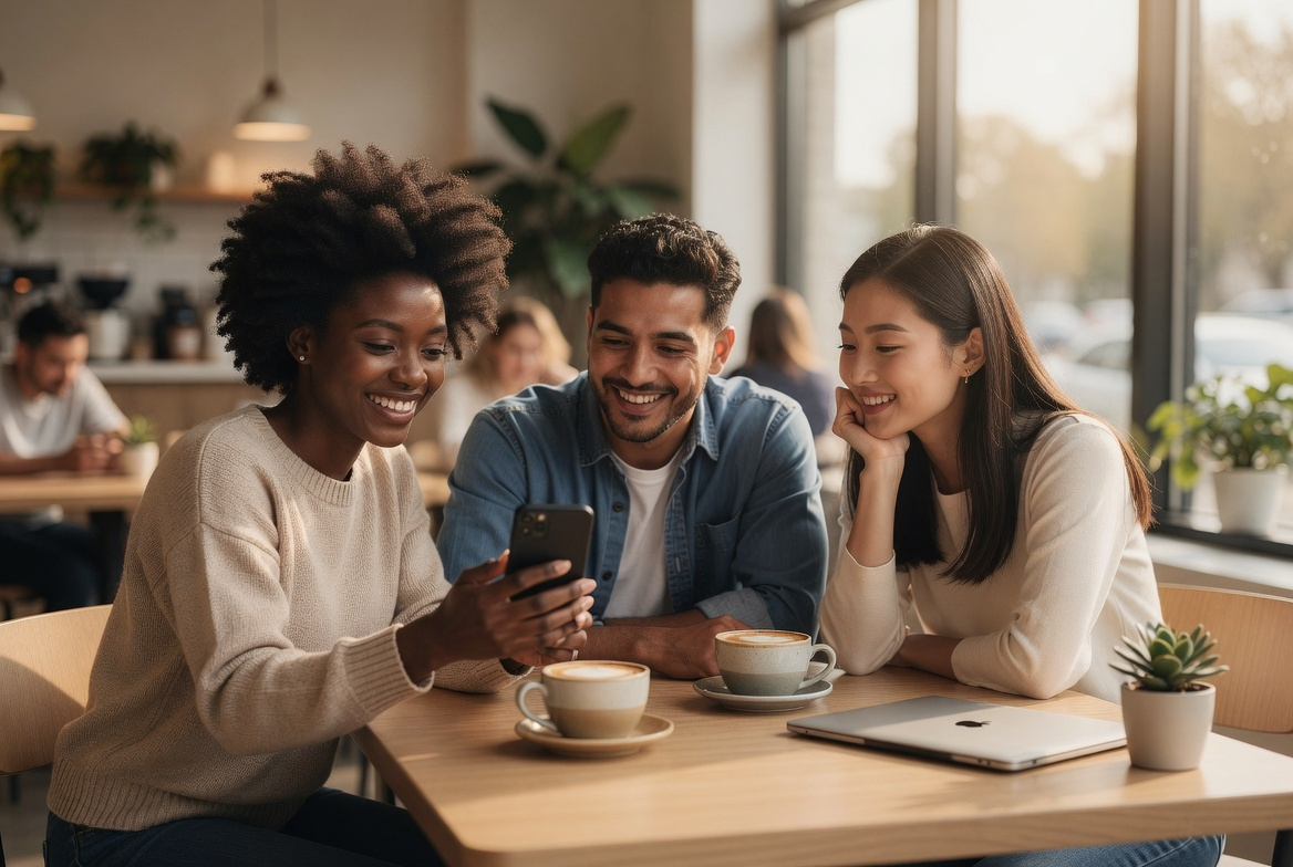 Three young adults sharing a Bible verse on their phone at a coffee shop