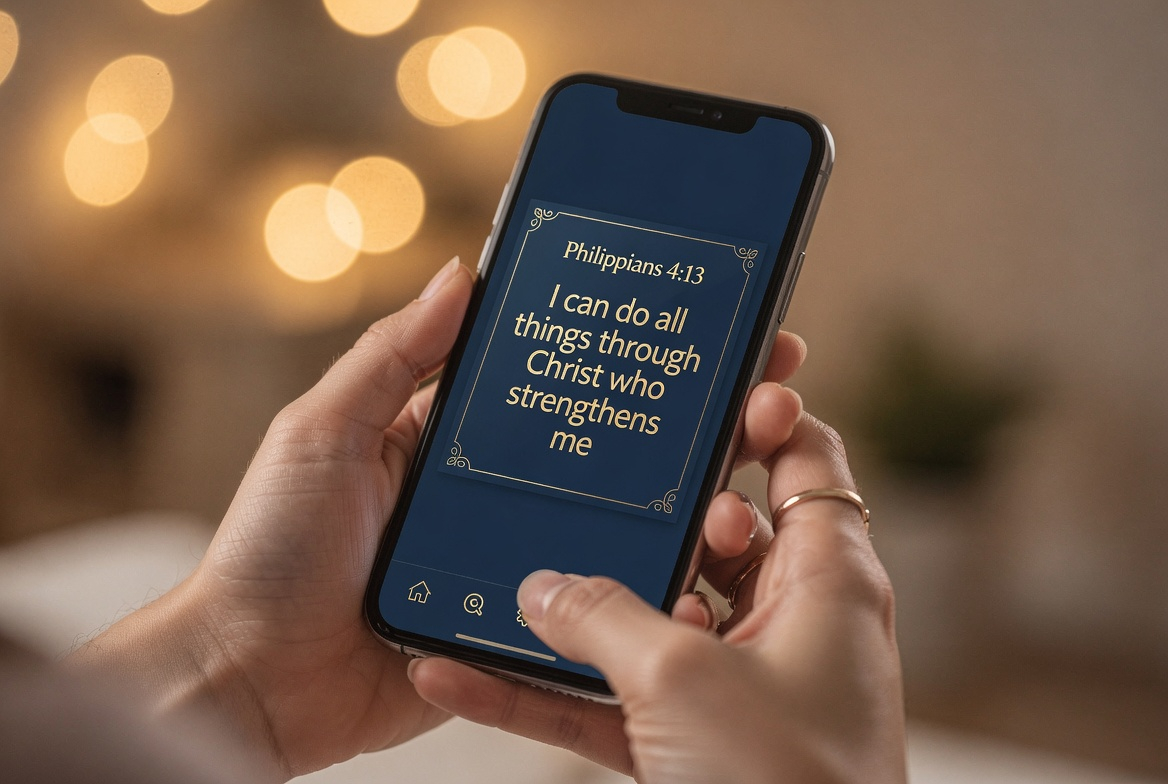 Hands holding a phone showing a Bible verse in the HolyTL;DR app