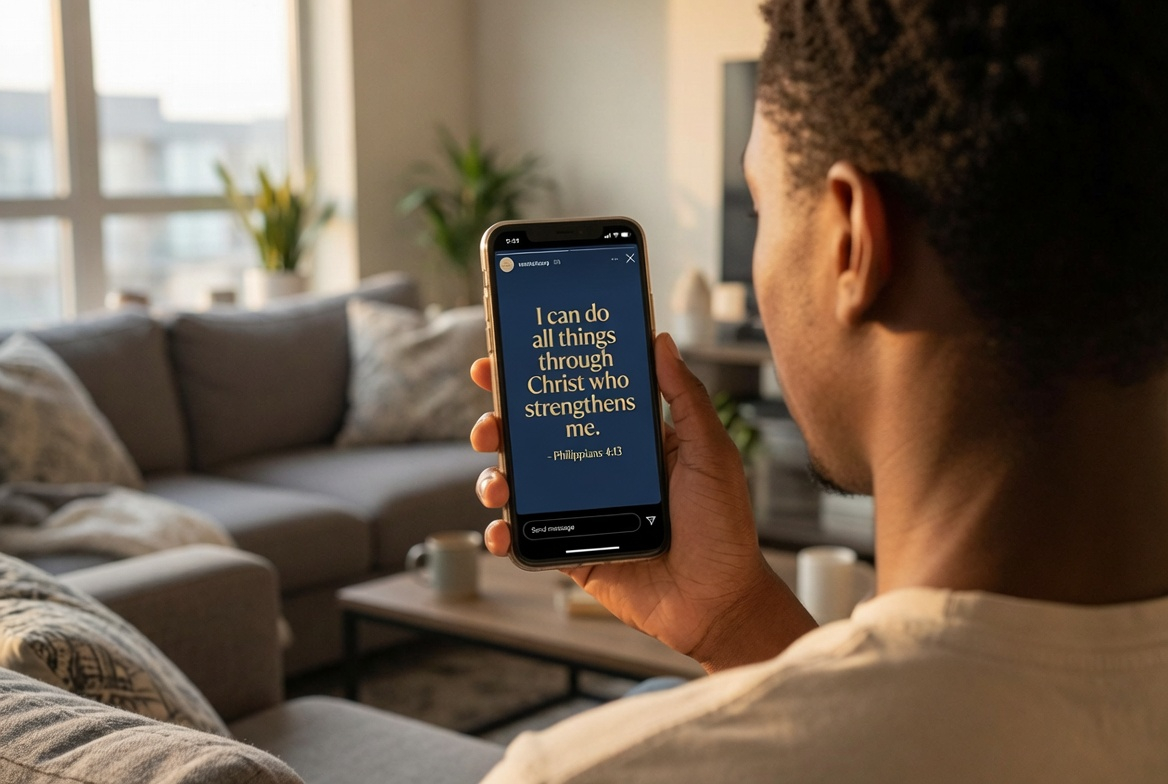 Young man sharing a Bible verse to his Instagram Story